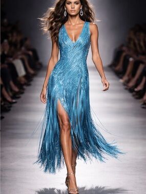 ❤️ Vintage Teal Blue Sleeveless Beaded Flapper style evening Dress